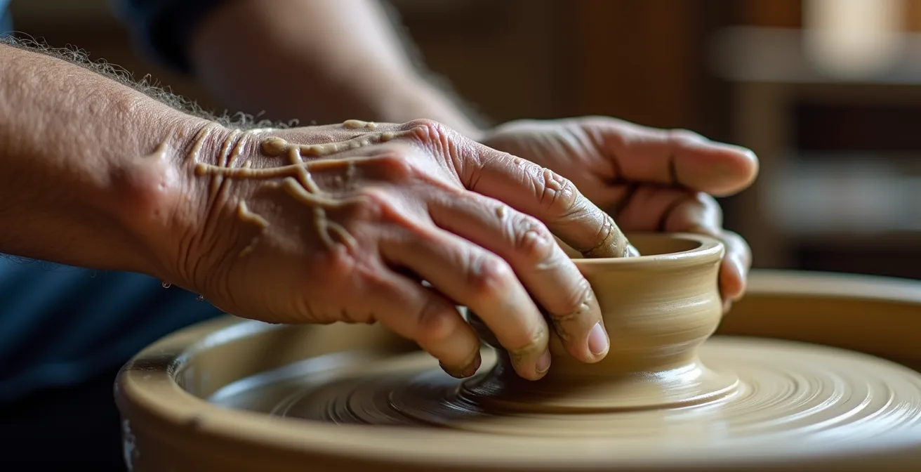 Close-up of weathered but skilled elderly hands shaping clay on a pottery wheel, representing neuroplasticity and lifelong learning.