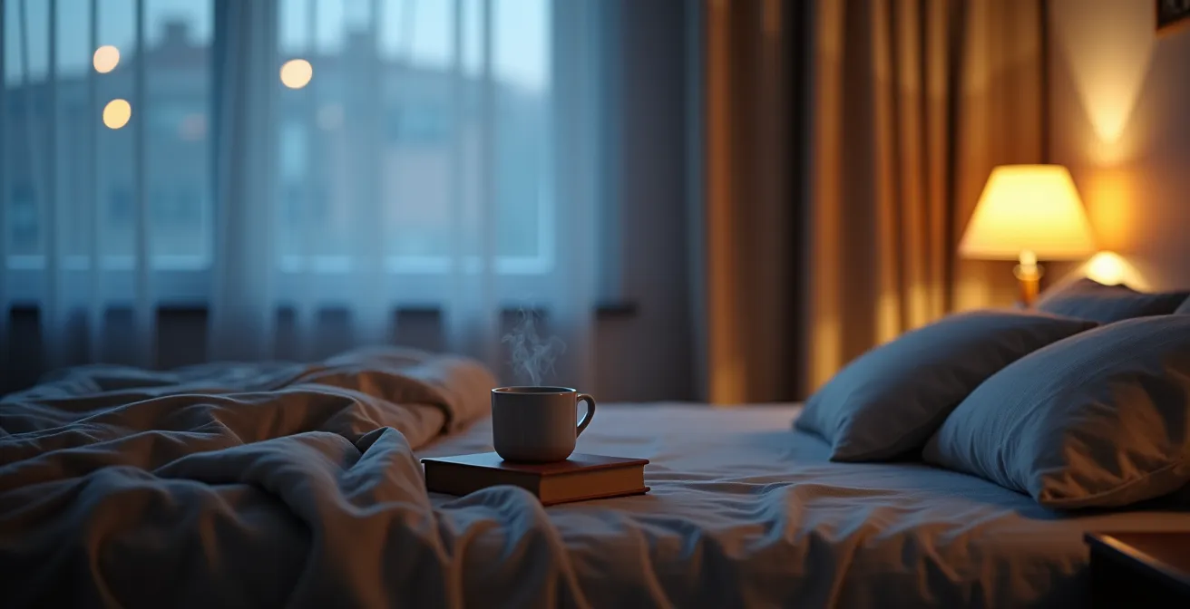 A serene, minimalist bedroom with a cool color palette, optimized for high-quality senior sleep.