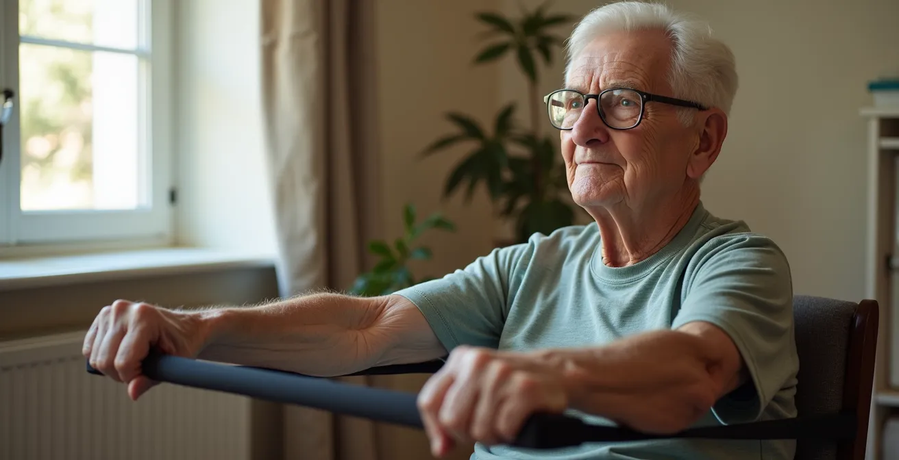Senior performing seated strength exercise with resistance band