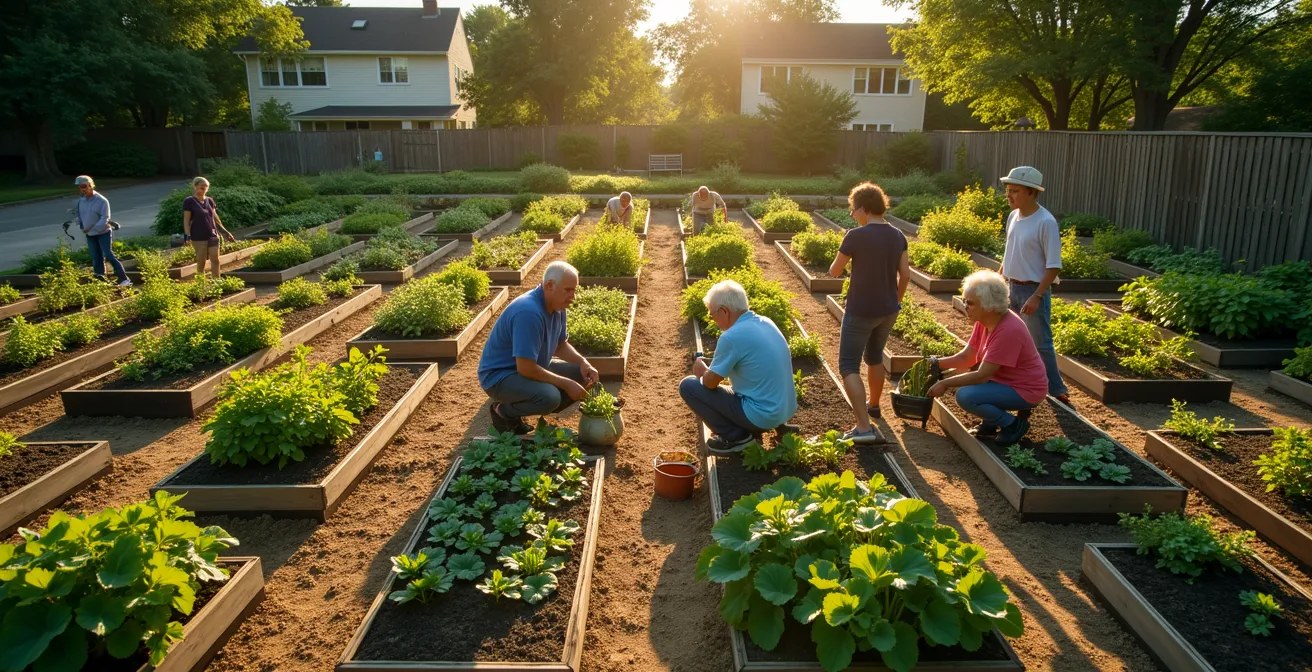 Diverse group of seniors working together in a thriving community garden, symbolizing social connection.