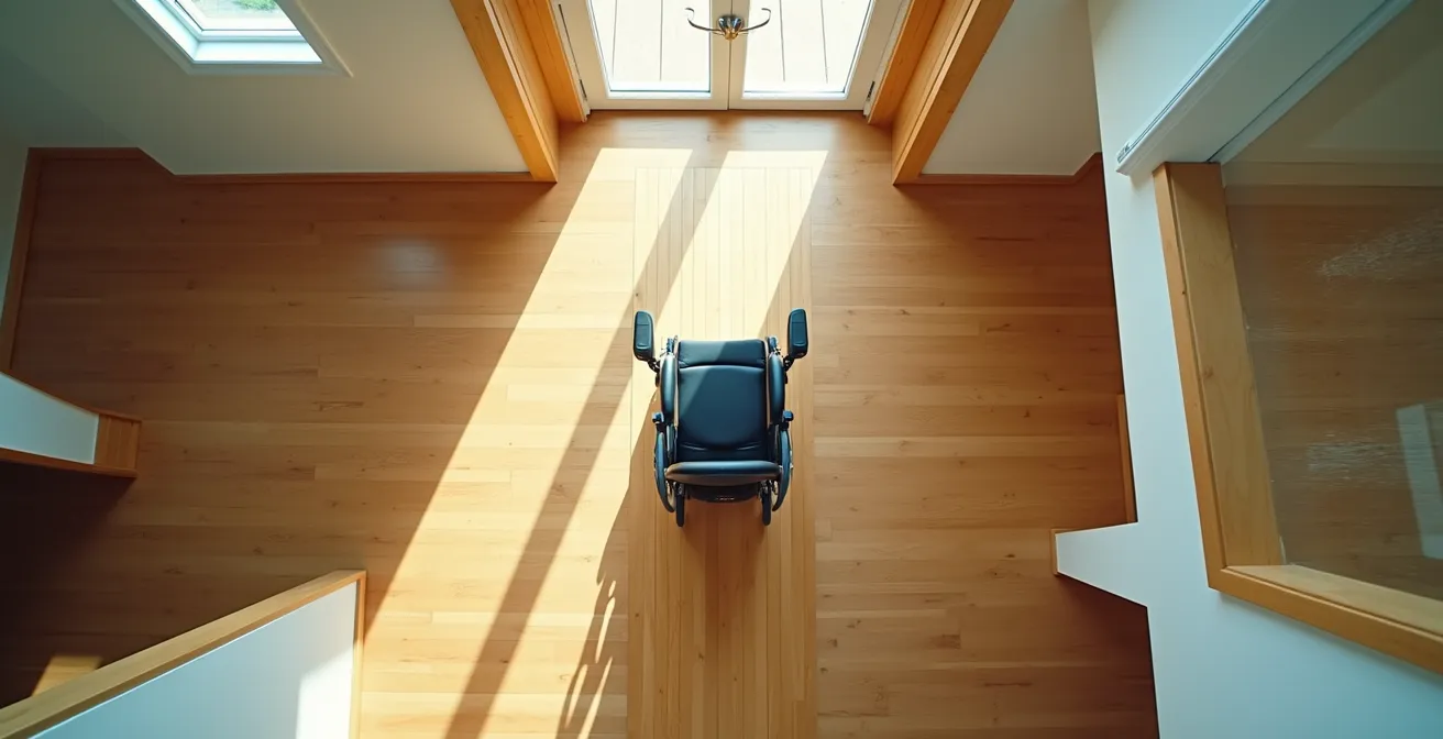 Aerial view of power wheelchair navigating through home hallway showing turning radius