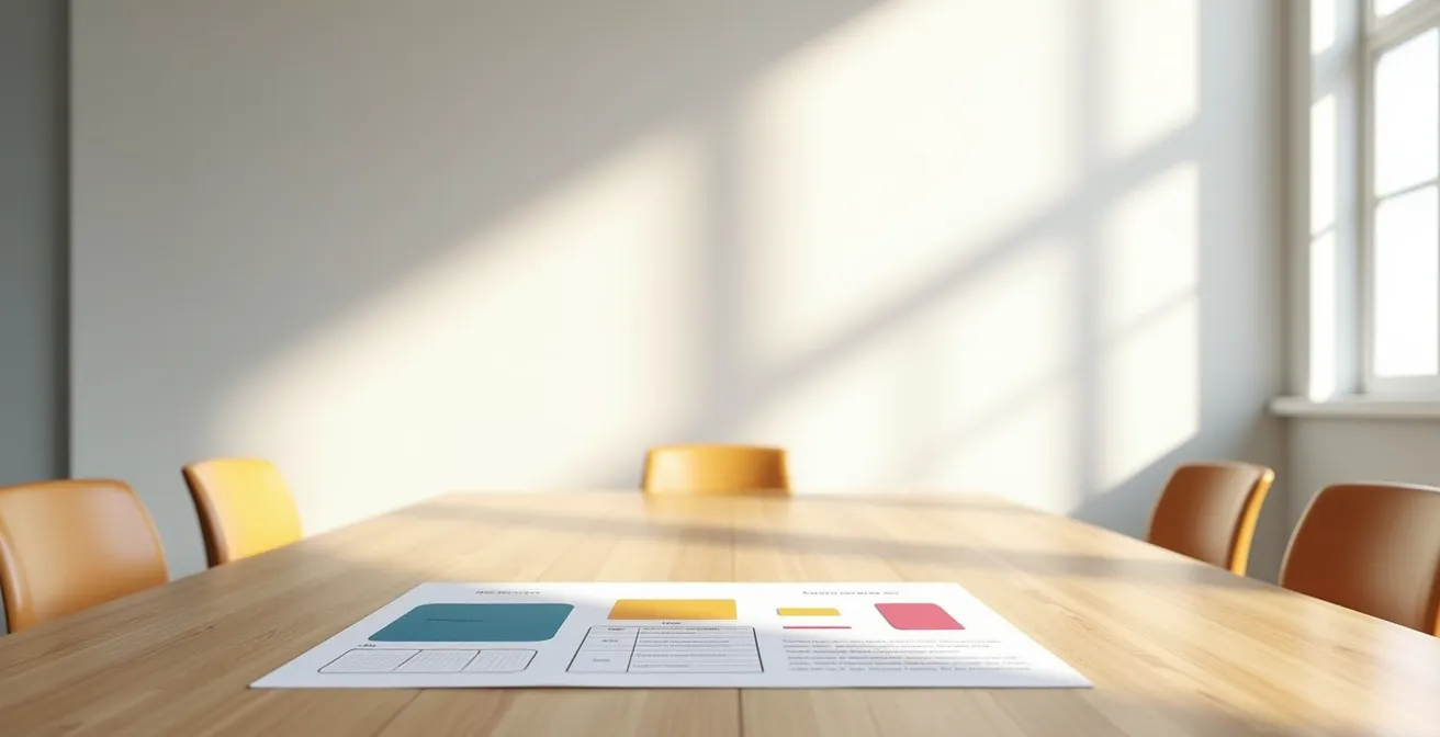 Wide shot of family meeting room with care planning materials spread on table