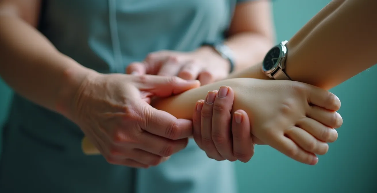 Close-up of hands during a professional caregiver interview showing empathetic gestures