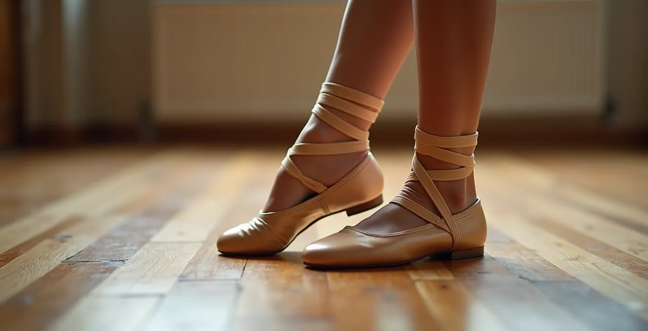 Macro shot of dance shoes with resistance bands on polished studio floor