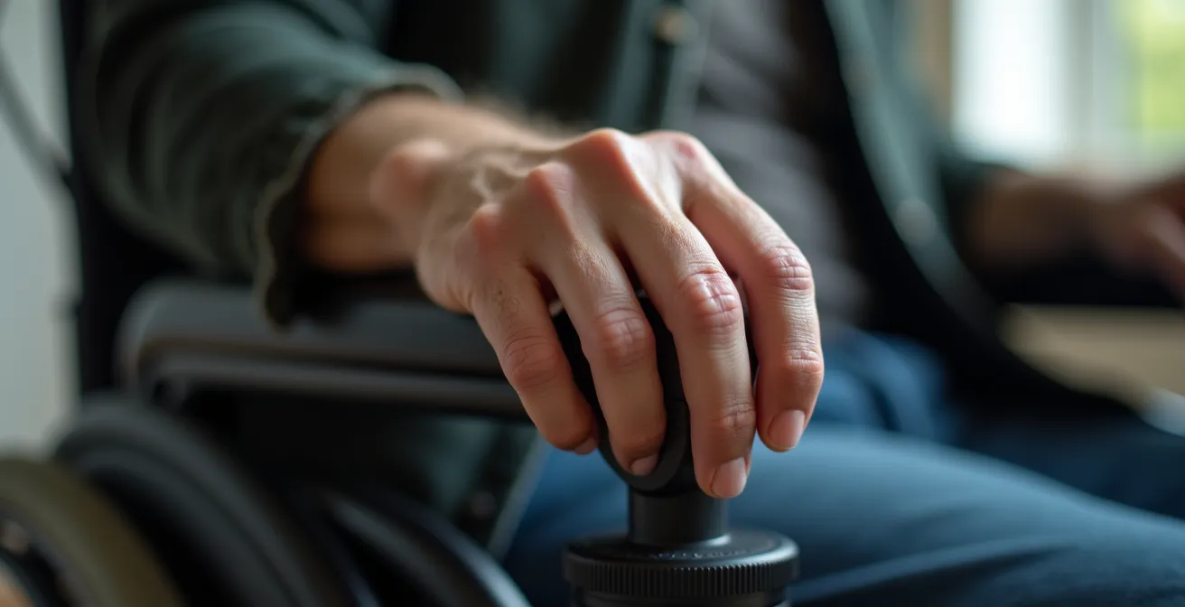 Close-up of a hand gently resting on a power wheelchair joystick control system