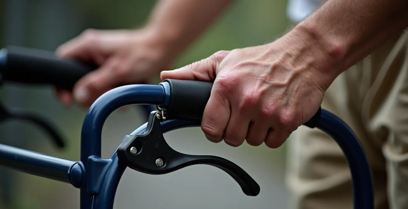 Extreme close-up of senior hands demonstrating proper loop brake grip technique