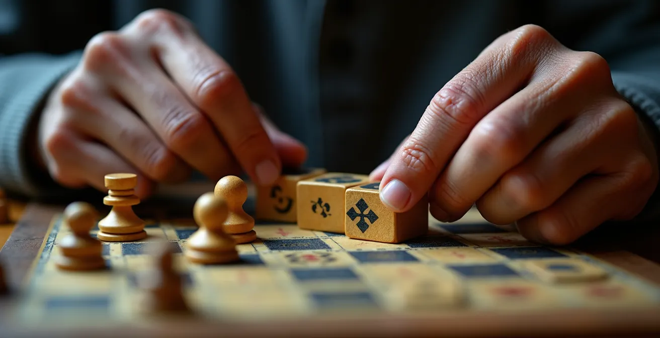 Close-up of hands arranging game pieces showing strategic thinking