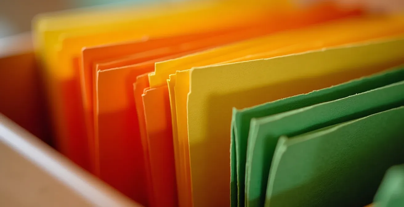 A wall-mounted document organizer with bright colored folders arranged systematically