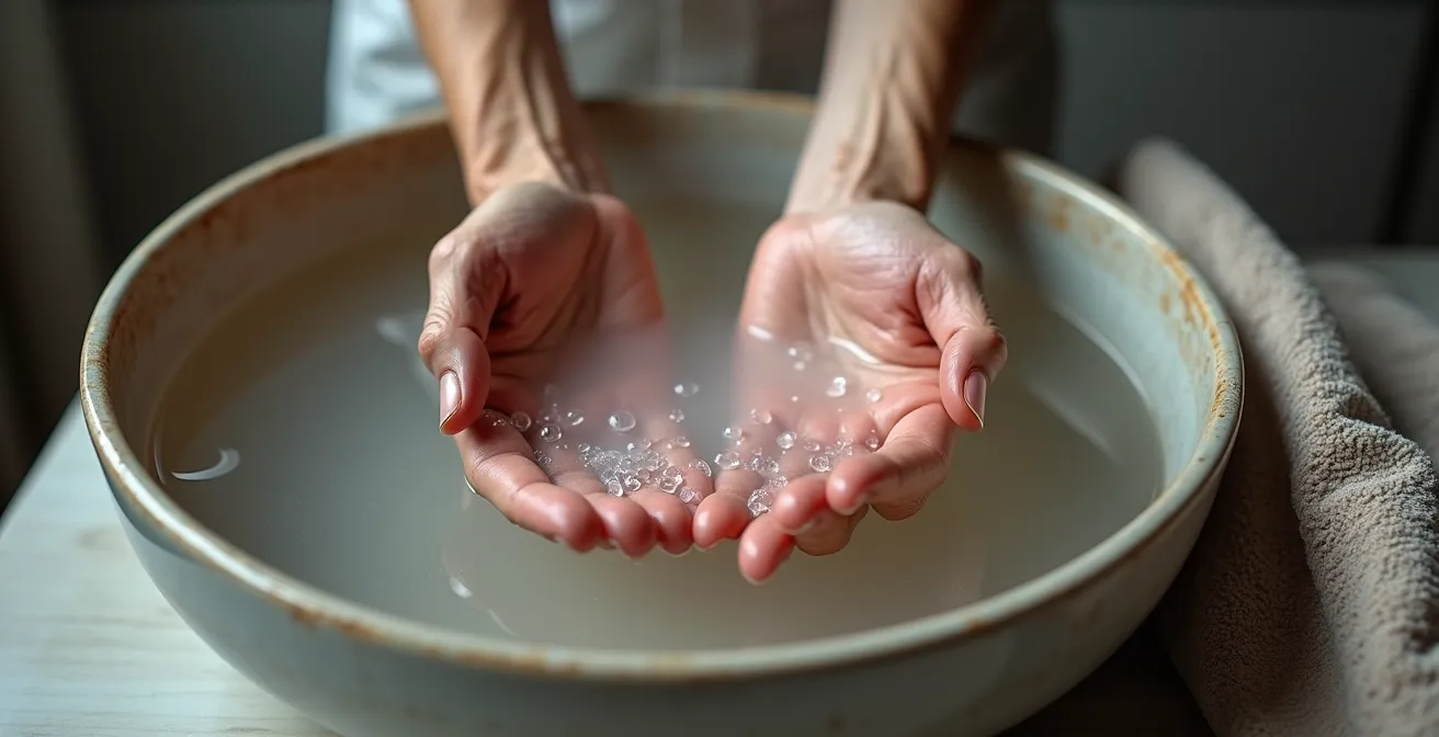 Close-up of senior hands alternating between a warm water basin and a cold compress.