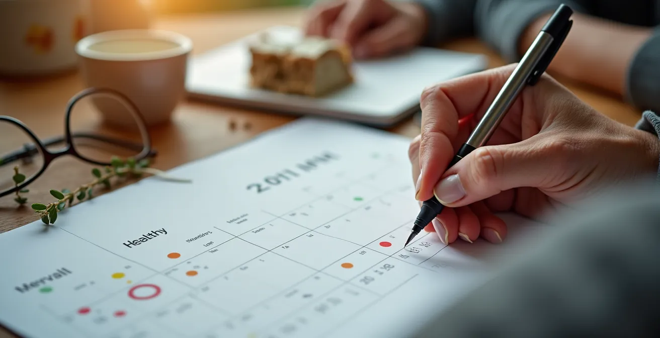 Senior's hands marking vaccination dates on a health calendar