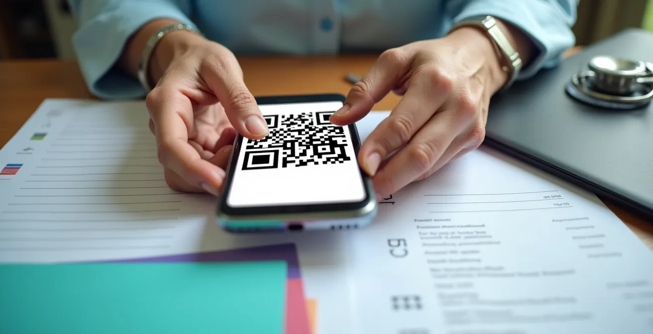 Close-up of hands organizing medical documents with a smartphone showing a QR code for emergency access.