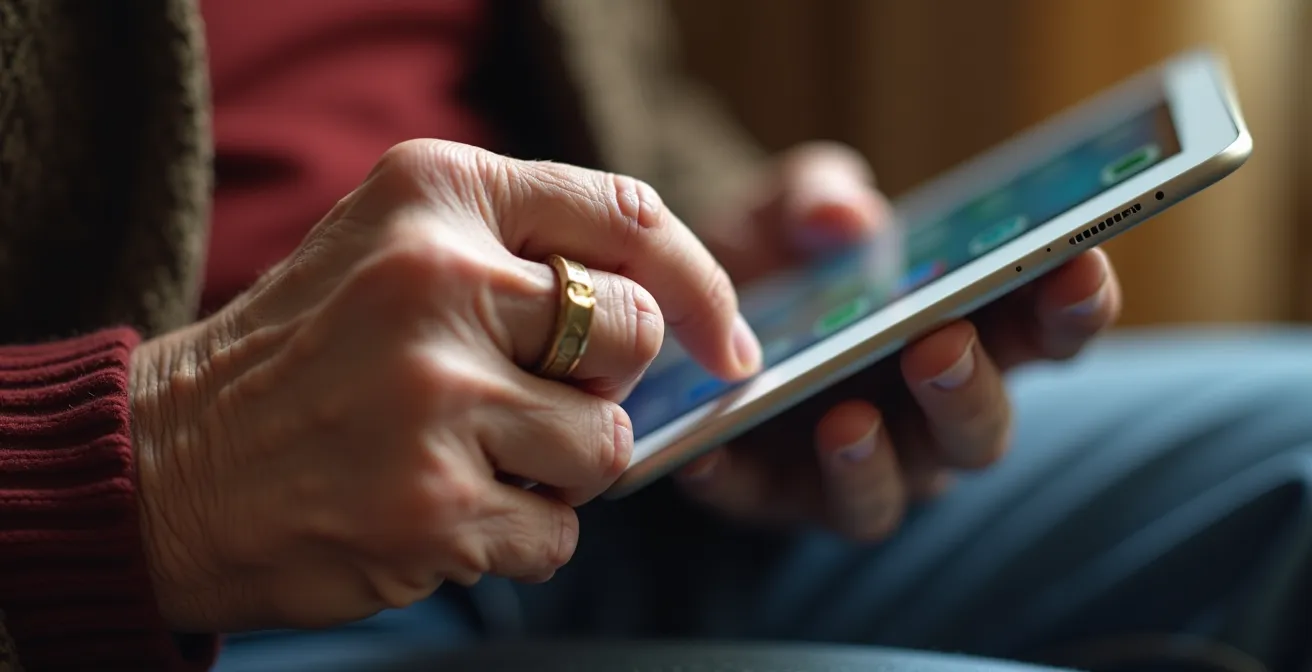 Close-up of elderly hands navigating a tablet showing determination and learning