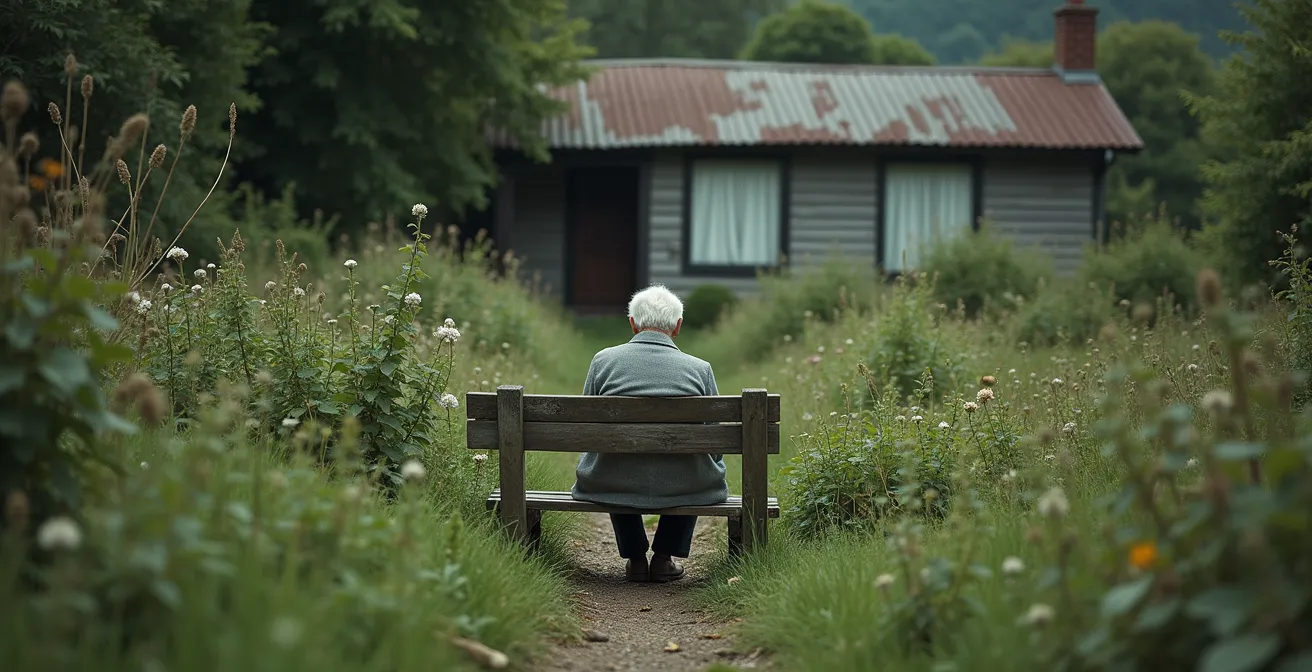 Wide shot of elderly person alone in overgrown garden showing environmental decline