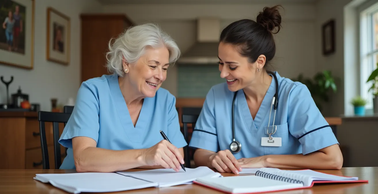 A family coordinator and a professional nurse sit at a dining table, collaboratively reviewing a care schedule together.
