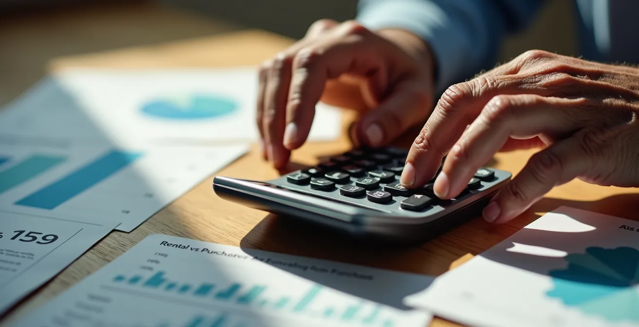 Close-up of hands using calculator with rental vs purchase cost comparison charts