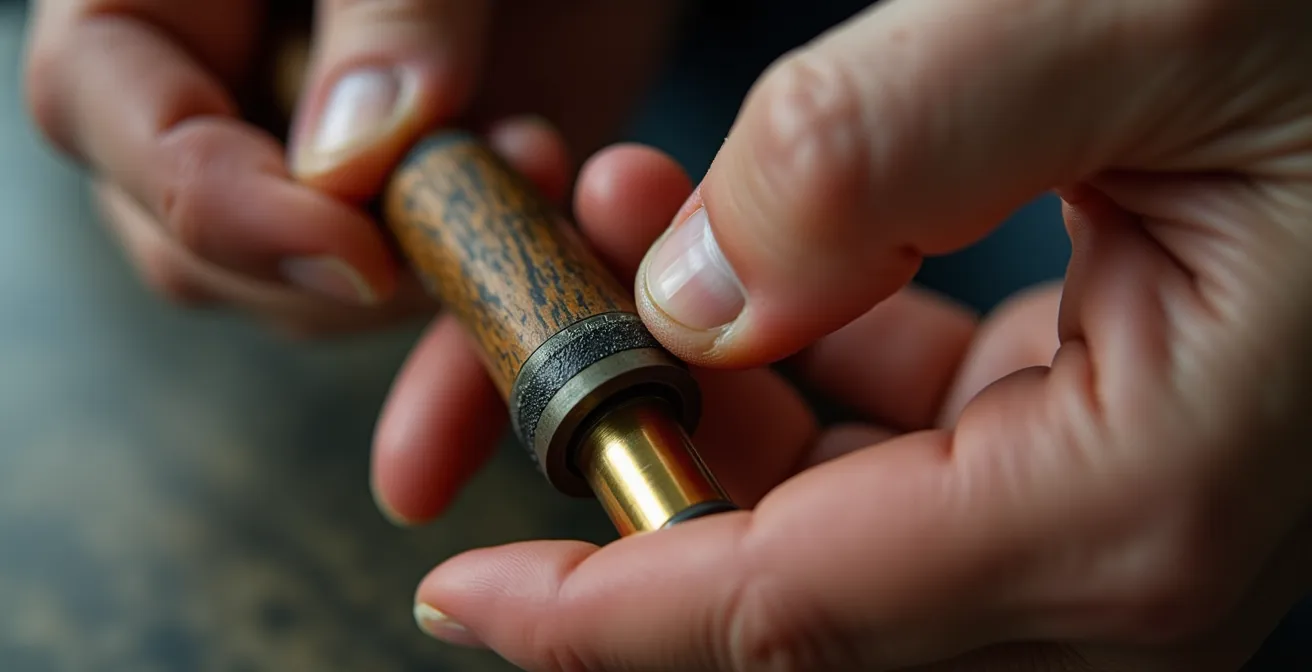 Extreme close-up of hands applying downward pre-load pressure on folding cane joint