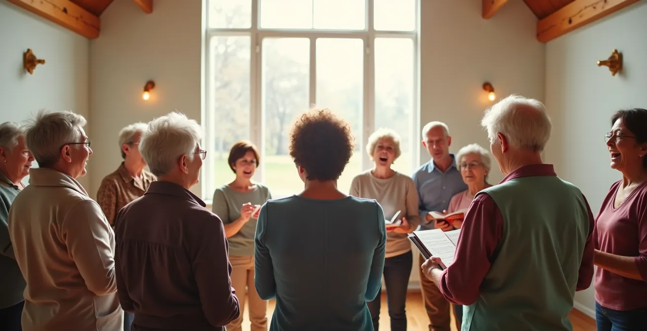 Wide shot of a diverse group of seniors participating in a joyful choir practice in a bright community center.