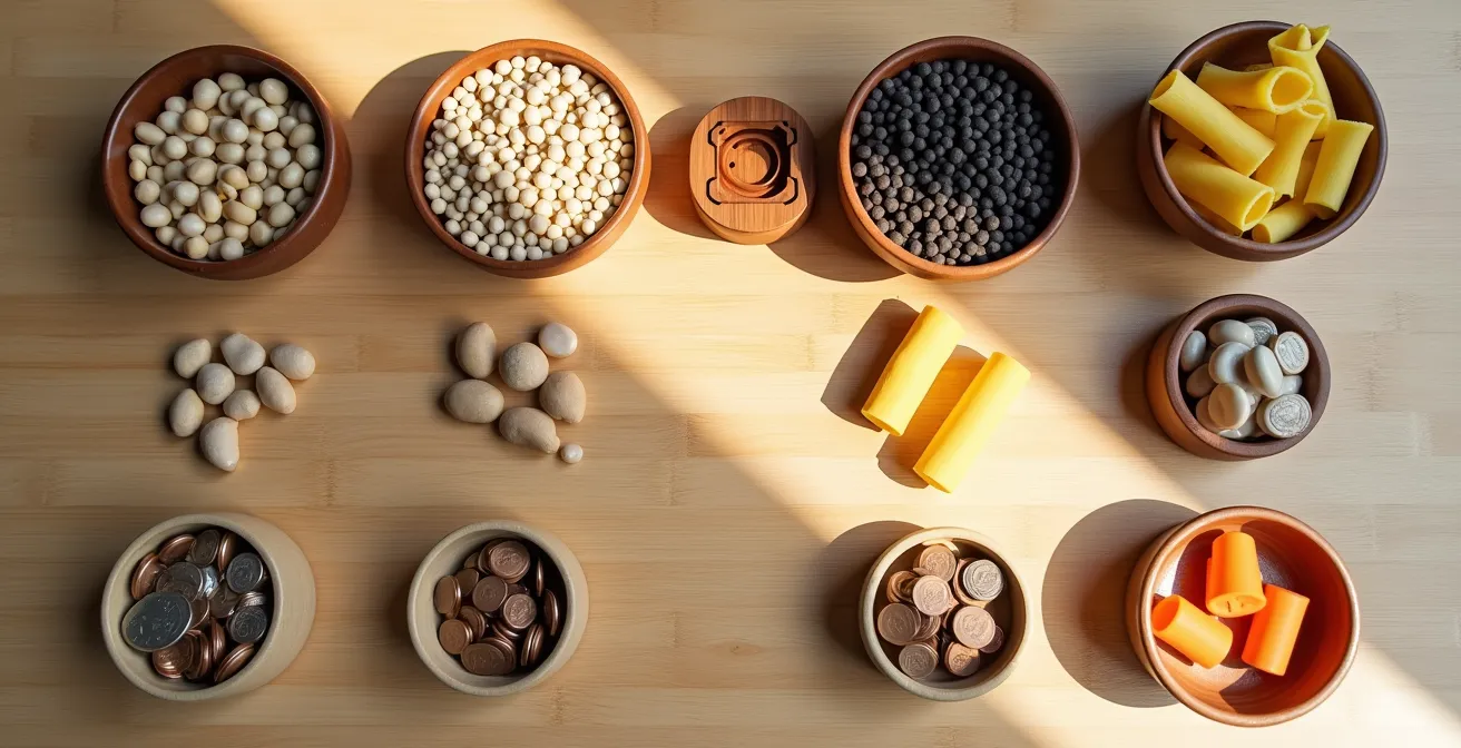 Arranged household items for dexterity exercises including beans, coins, and putty