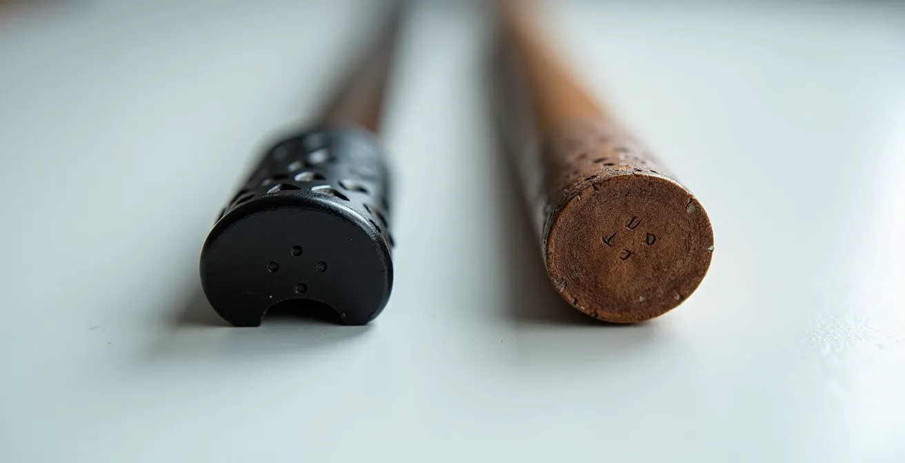 Macro comparison showing worn versus new cane tip tread patterns