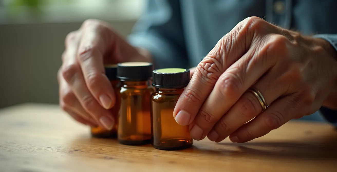 Close-up of elderly hands sorting multiple medication bottles with soft lighting