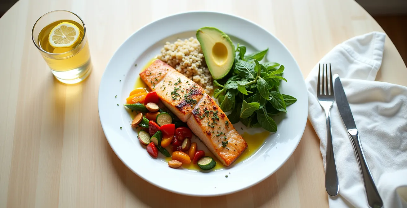 Overhead view of a plate showing Mediterranean-DASH hybrid meal components