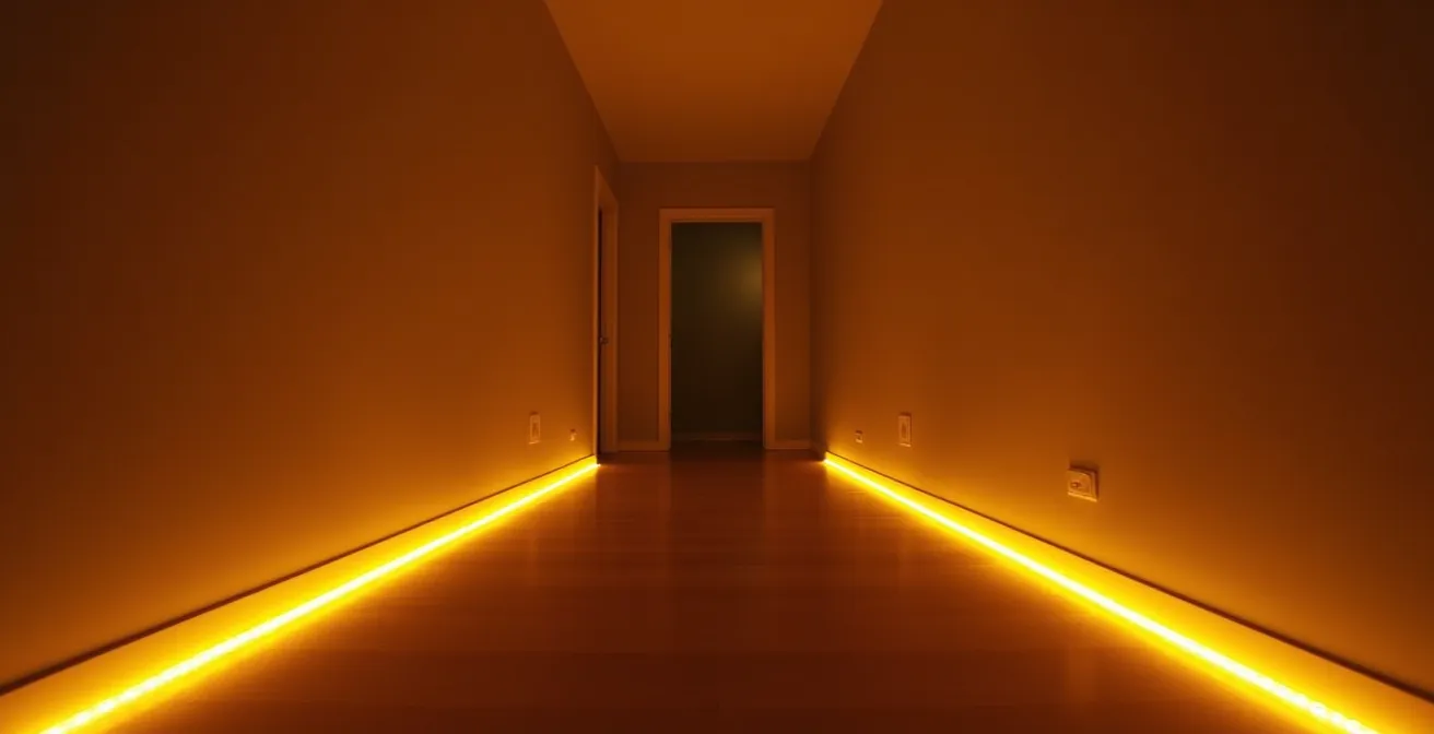 Dark hallway with soft amber LED strip lights guiding path to bathroom