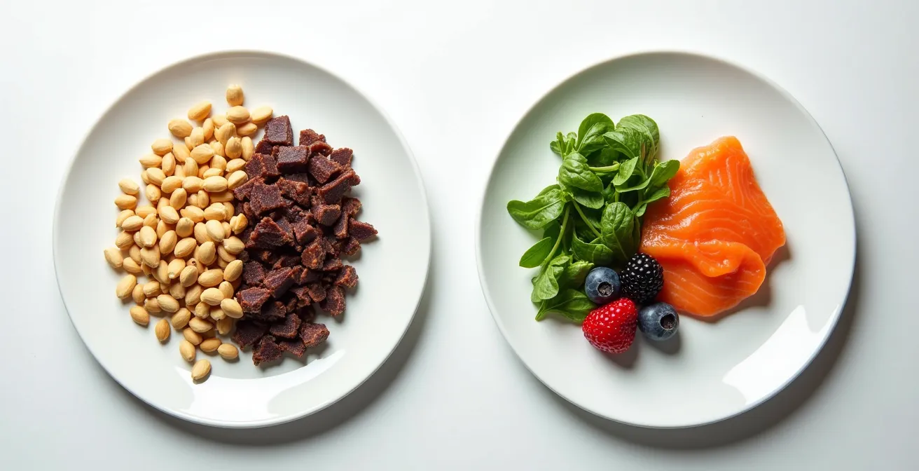 Visual comparison of nutrient density using colorful whole foods arranged in contrasting portions