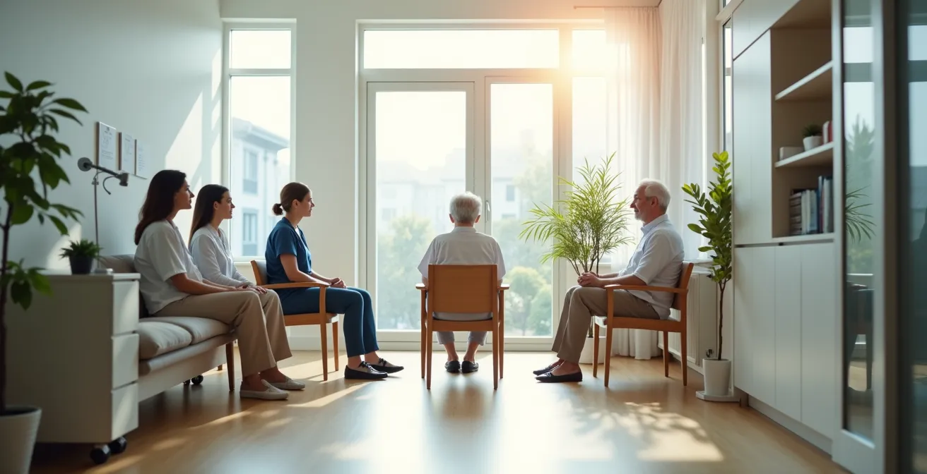 Healthcare team providing holistic support to senior patient in comfortable setting
