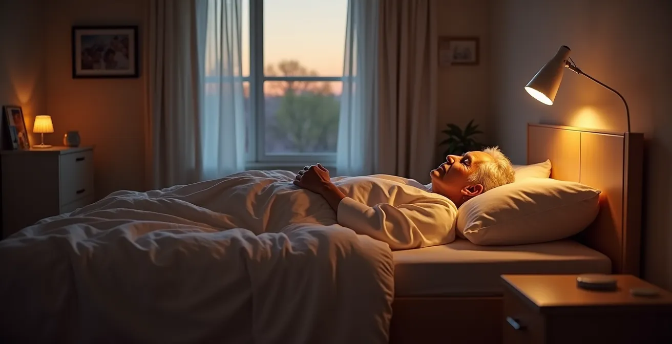 Wide shot of a serene bedroom at dusk with subtle smart home elements