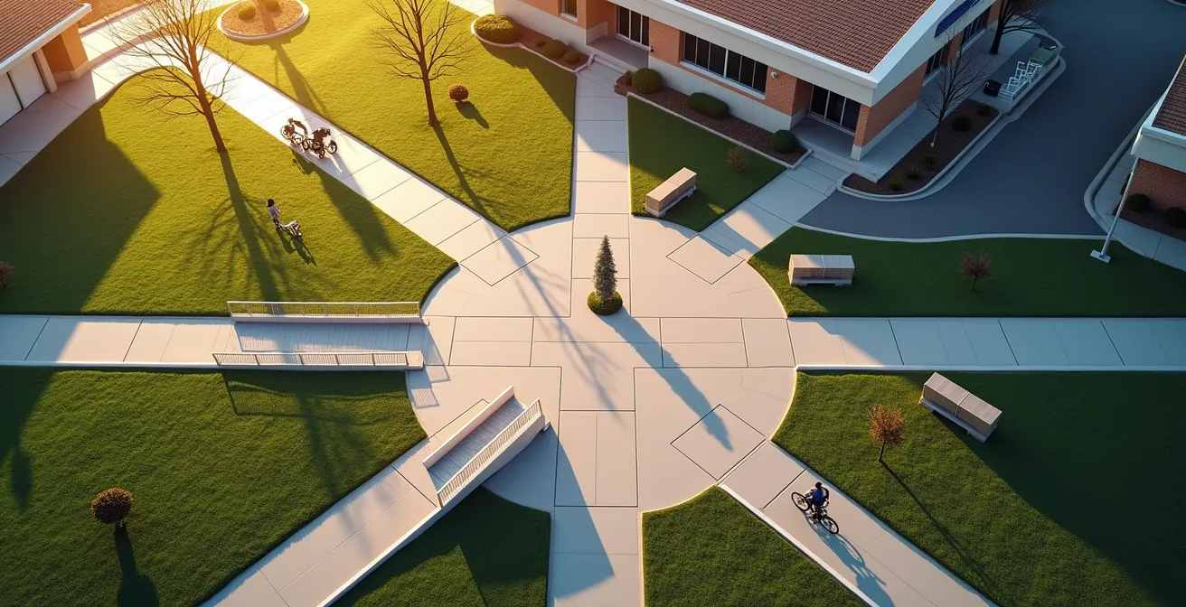 Multiple transportation methods converging at a senior center entrance