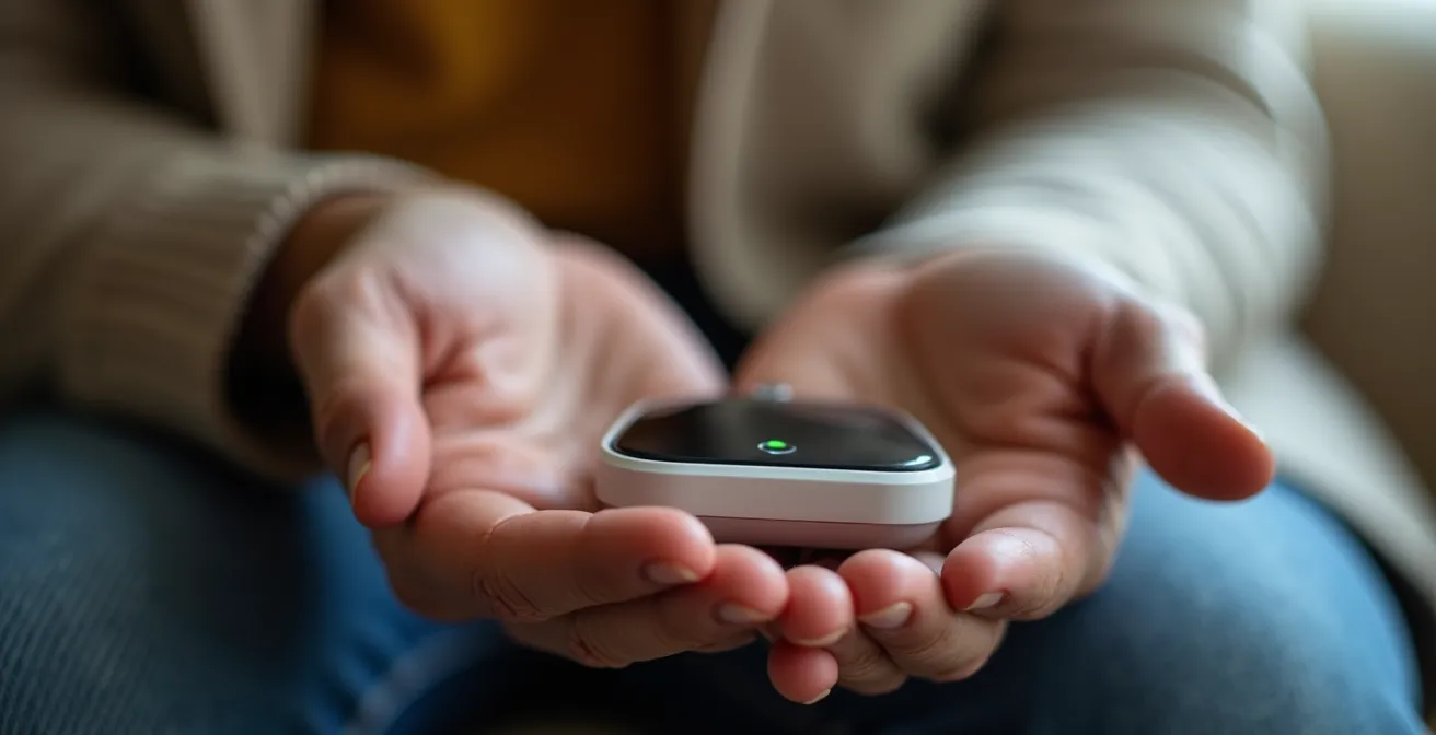 Close-up of senior hands adjusting a medical alert device with caregiver assistance