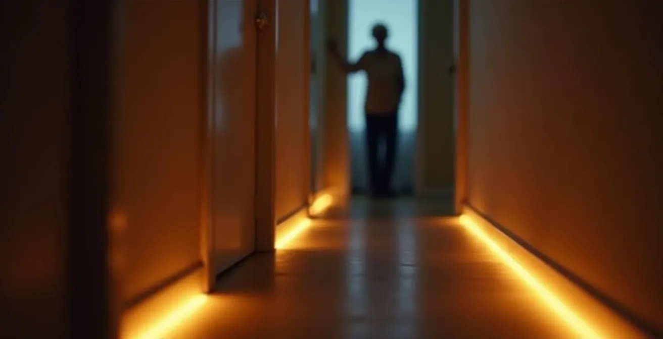 Softly illuminated bedroom hallway with warm ambient lighting for senior safety