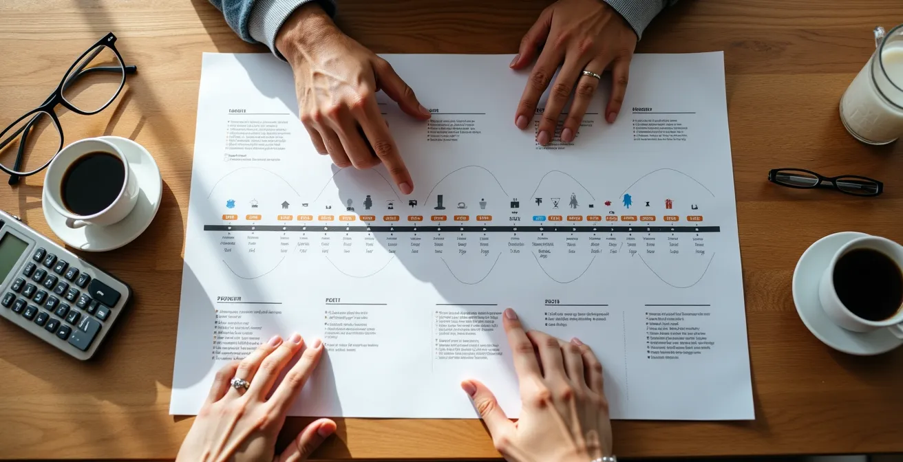 Mature couple reviewing retirement timeline and housing options with financial documents