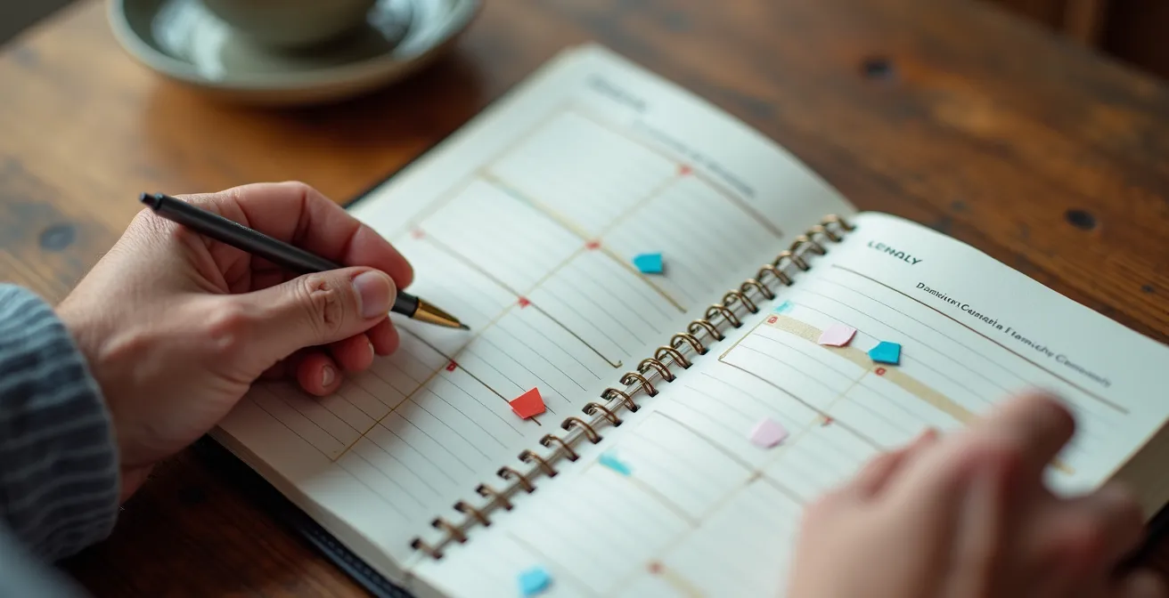 Close-up of a senior's hands using a planner to track daily energy patterns for optimal social scheduling.