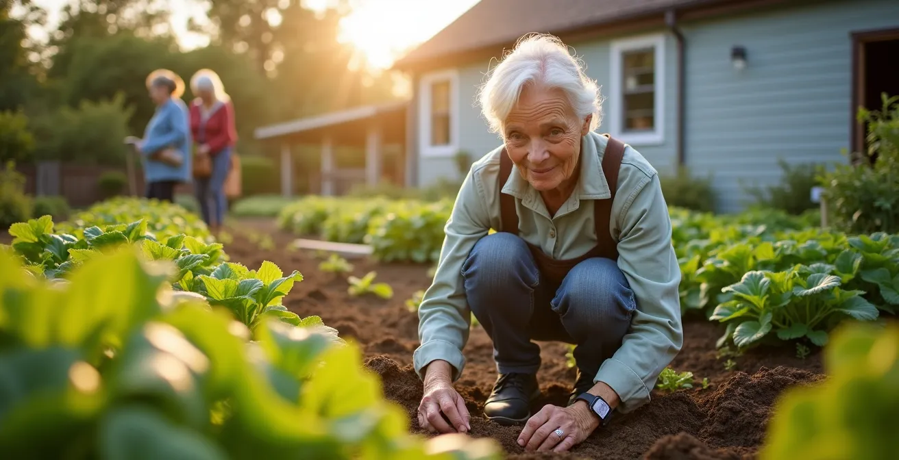 Senior woman tending to garden with medical alert device visible on wrist
