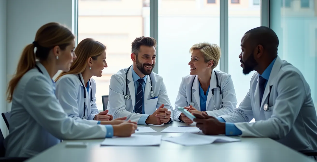 Healthcare team meeting discussing senior patient care coordination