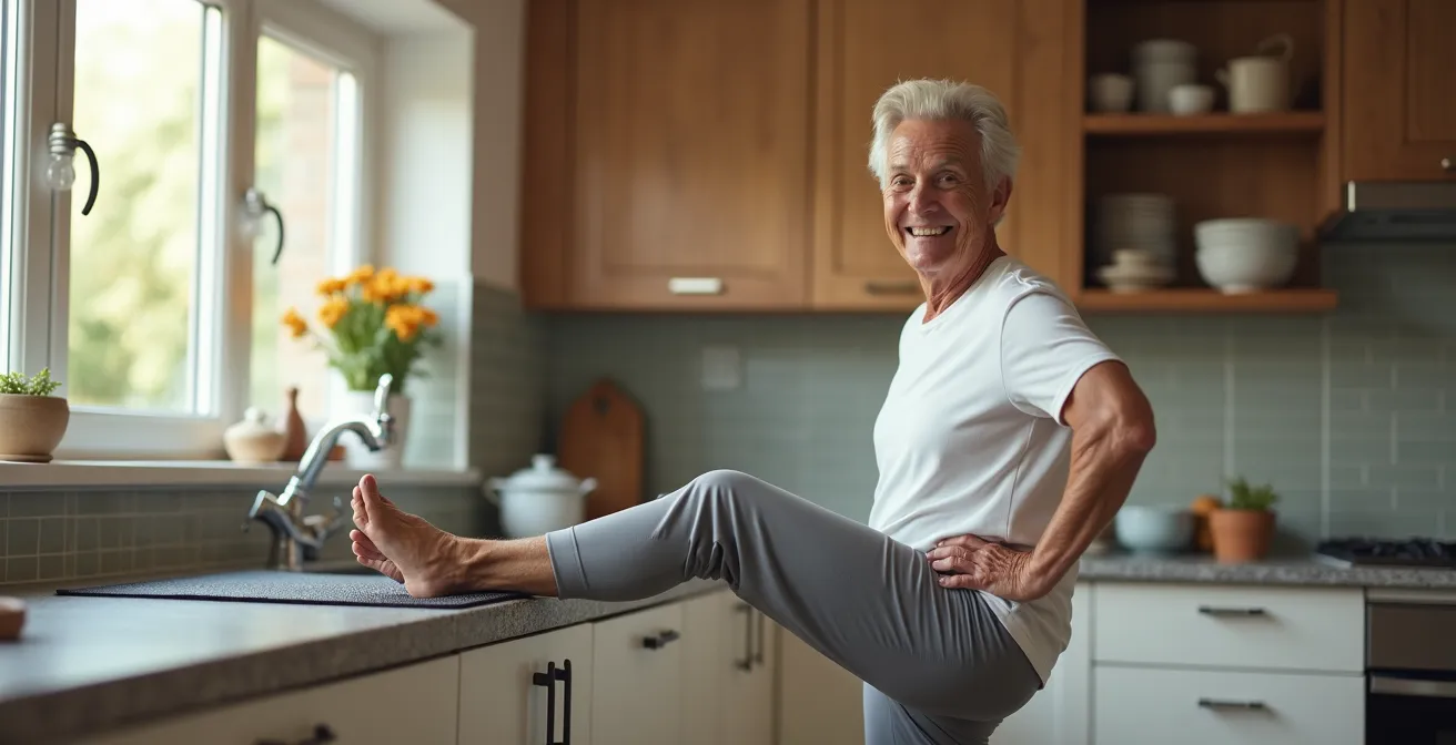 Elderly person performing one-leg stand exercise using kitchen counter for support