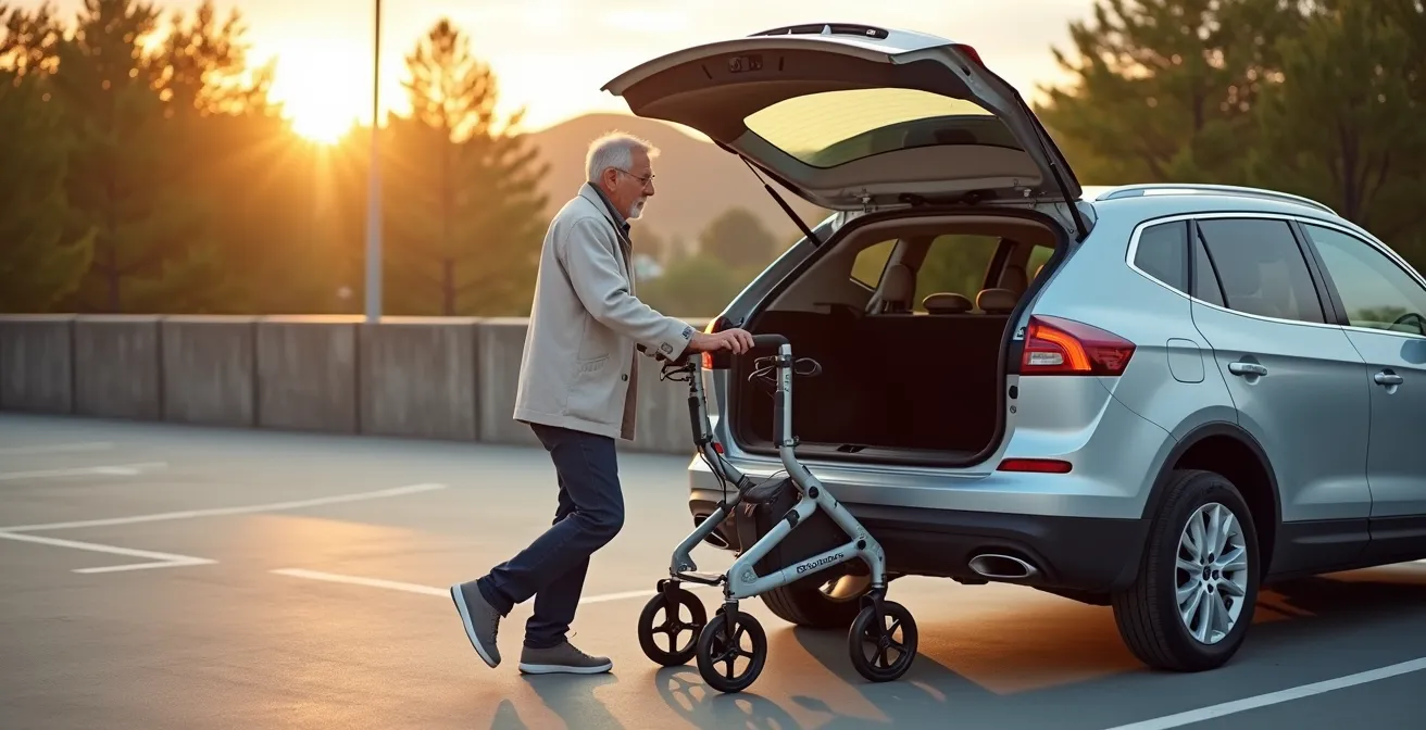 Senior demonstrating proper slide and pivot technique for loading rollator into car trunk