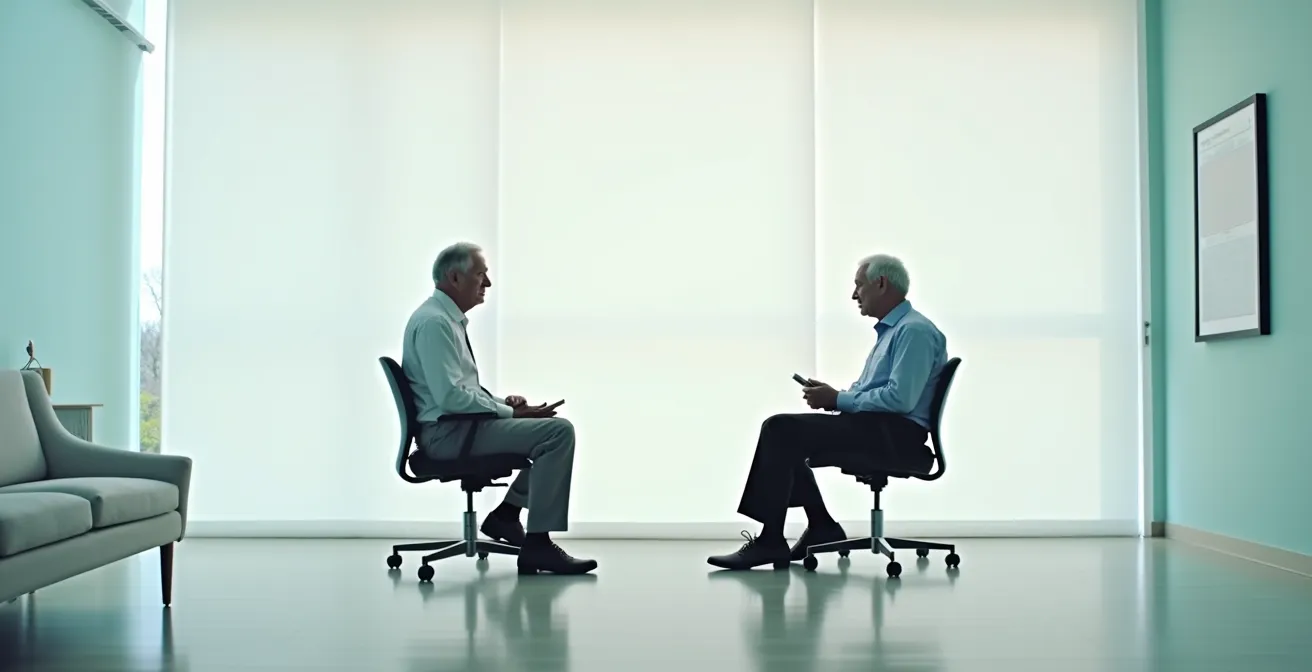 Elderly patient in contemplative discussion with doctor about screening decisions