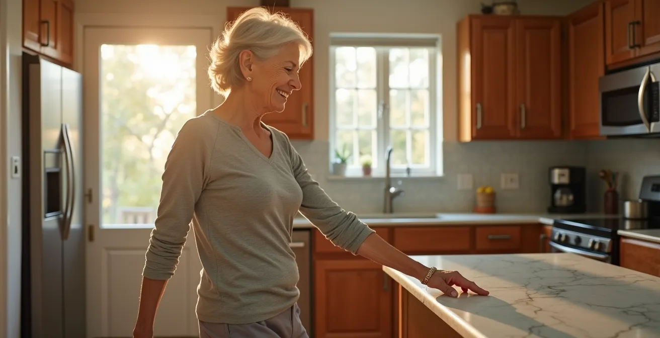 Older adult practicing dance steps using kitchen counter for support