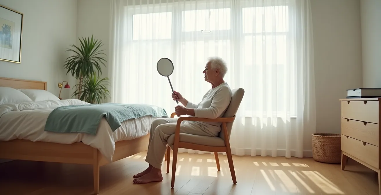 Elderly person seated comfortably using a telescopic mirror to check their feet for signs of diabetic ulcers.