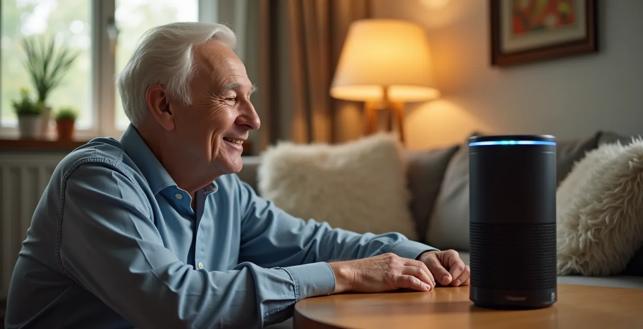 Senior person interacting with a smart speaker device in a peaceful home setting