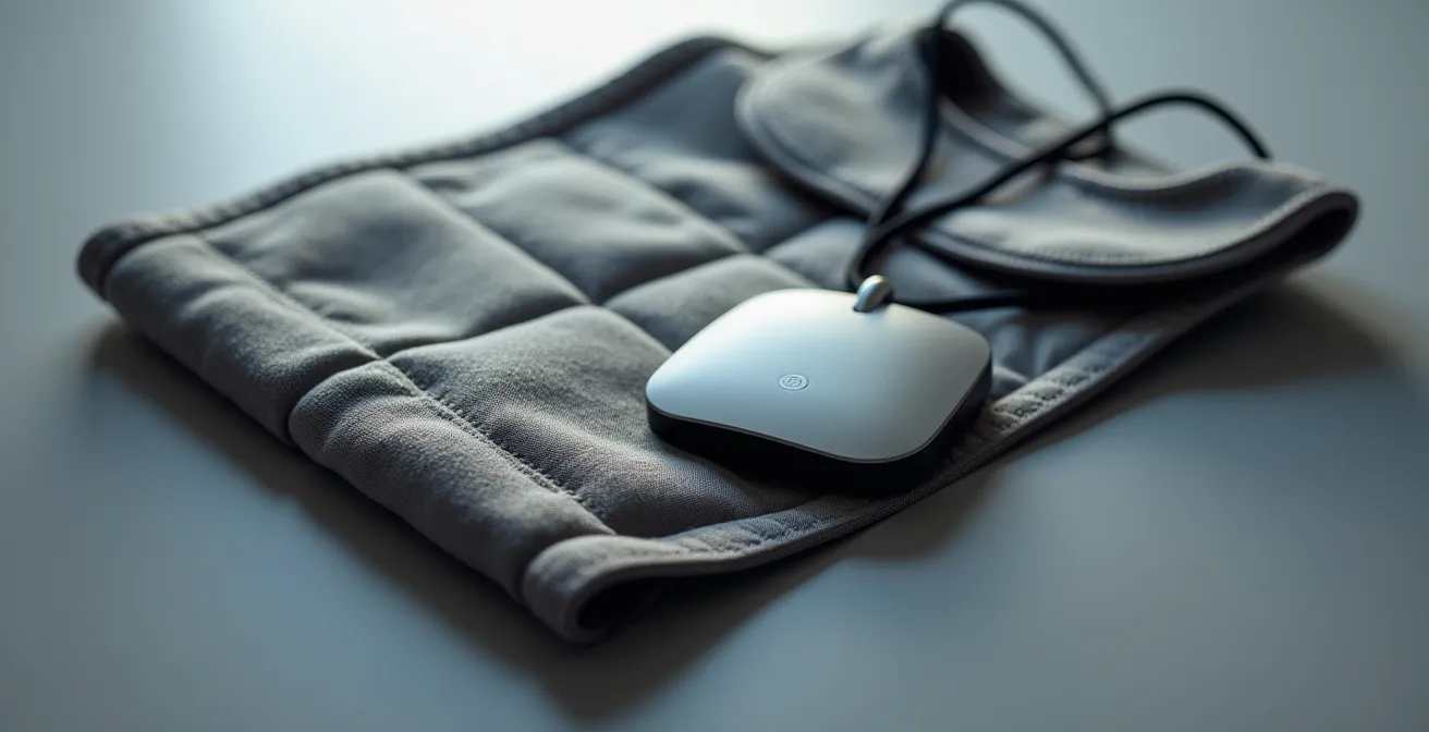 Close-up of hip protector garment and wearable fall monitor device