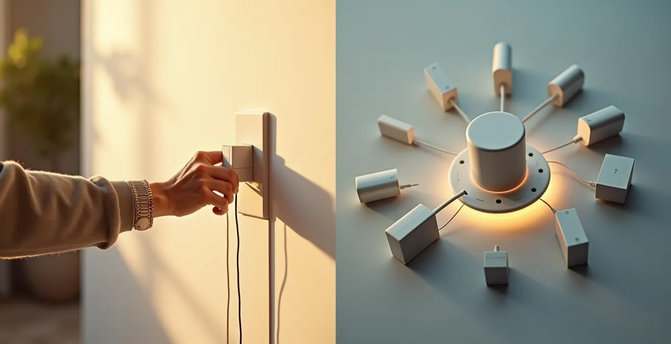 Split view comparing simple smart plug setup with advanced hub system