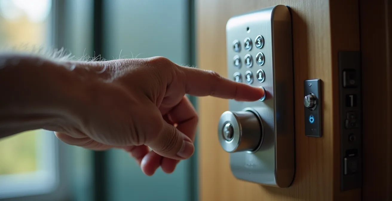 Close-up of senior's hand using a keyless entry smart lock system
