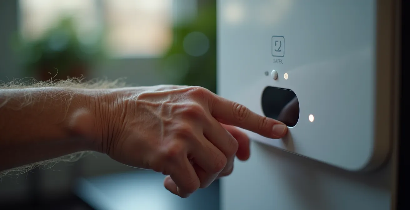 Close-up of elderly hands interacting with smart medication dispenser