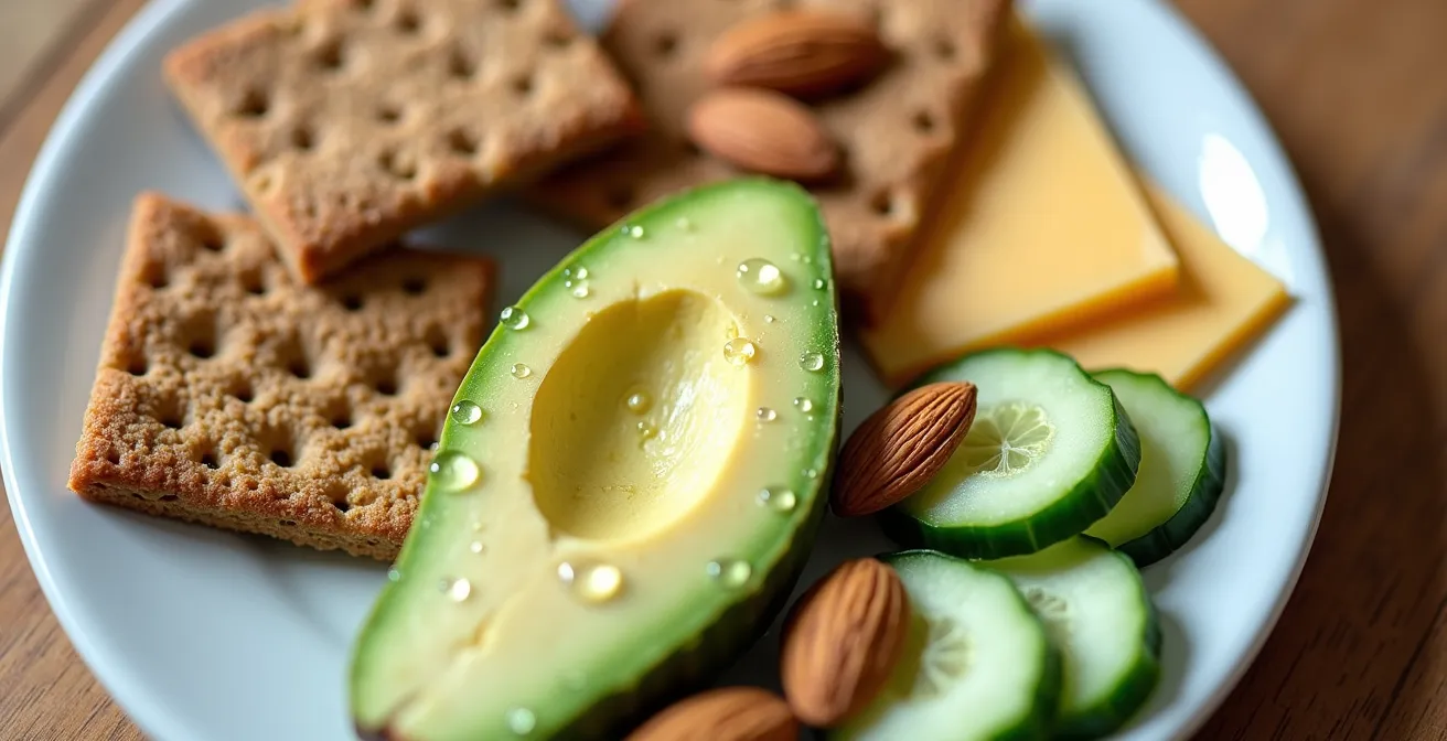 A balanced snack plate designed for seniors with diabetes, featuring fiber-rich foods like whole-grain crackers, avocado, and almonds.