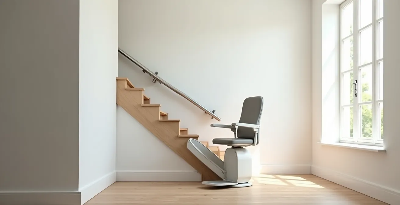Side view of modern stairlift showing safety sensors and swivel mechanism