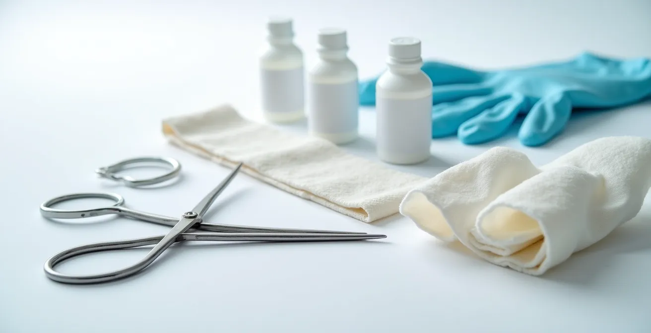 An extreme close-up shot of sterile wound care supplies, including gauze, forceps, and antiseptic solution, meticulously arranged on a clean white surface.
