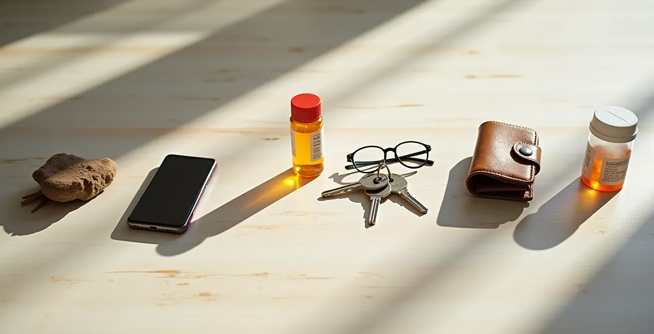 Abstract visualization of connected memory elements forming a narrative chain